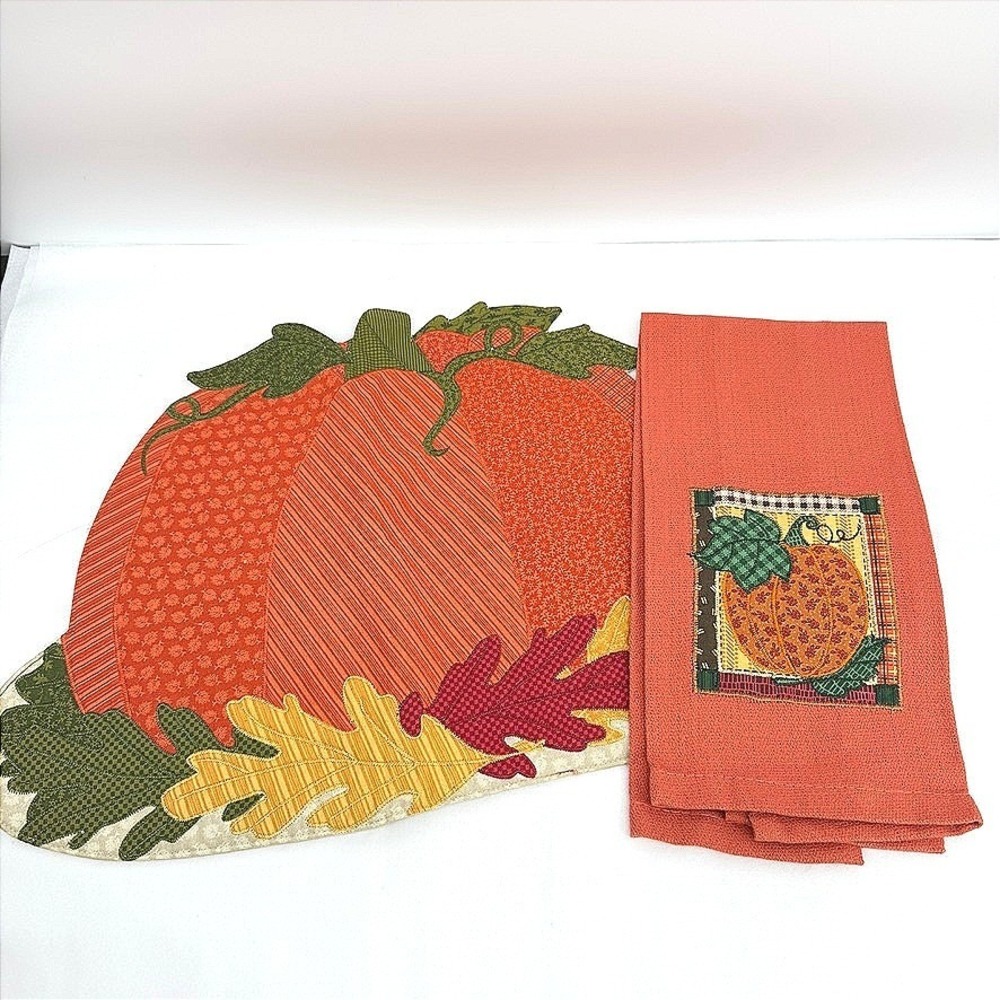 Cecil Saydah Company Pumpkin Kitchen Towel & Unbranded Placemat SET Fall Decor